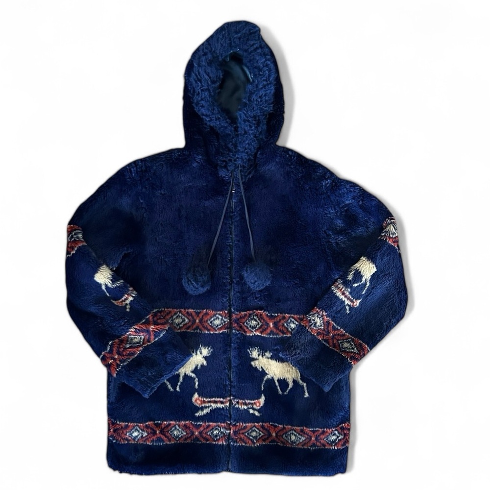 Vintage Northern Lifestyles Canada Fuzzy Reindeer Zip Front Hoody Jacket XS